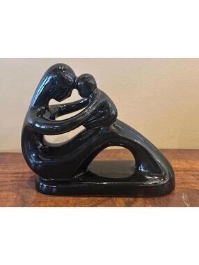 Vintage Mother and Child Black Ceramic Sculpture